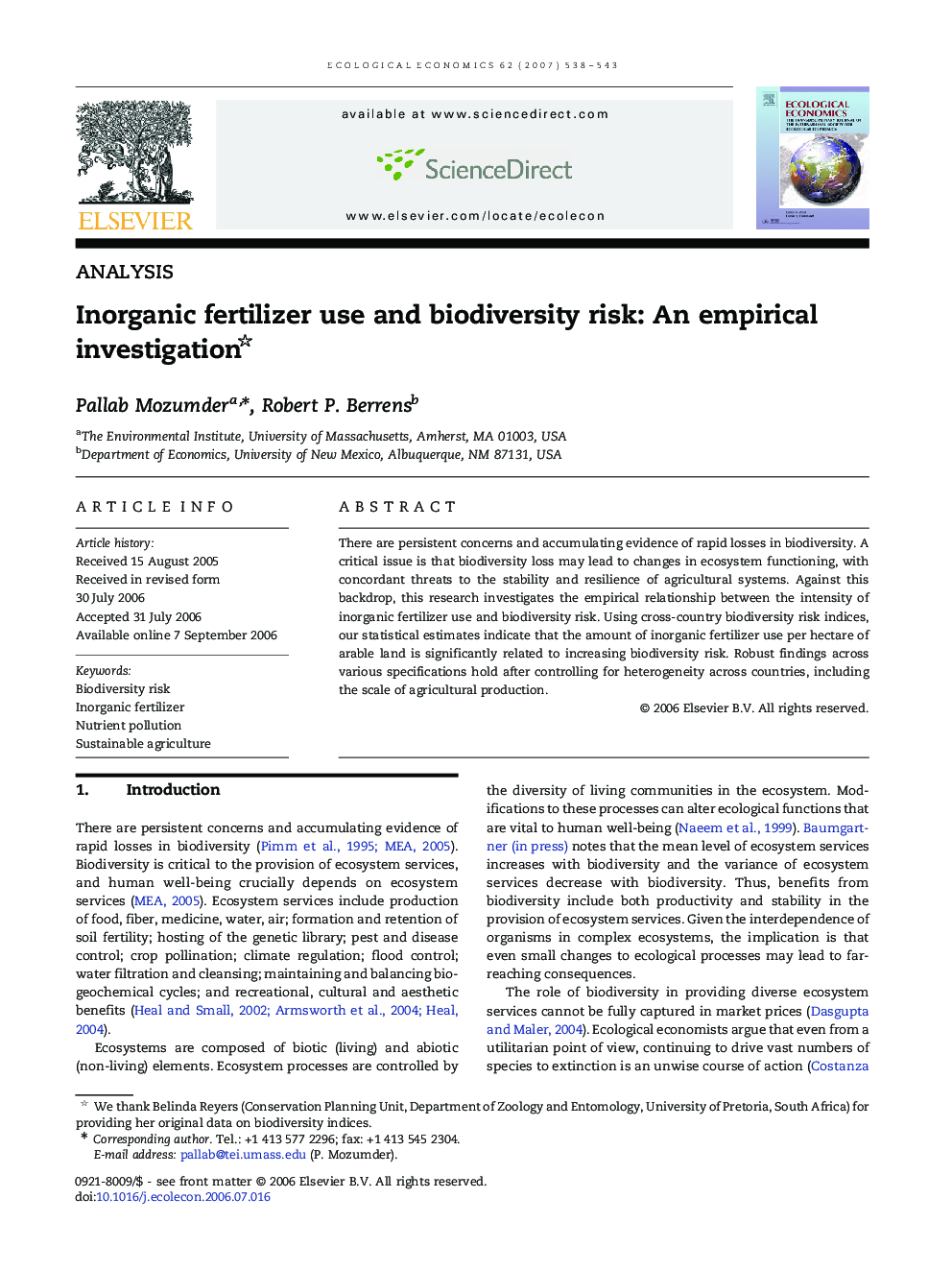 Inorganic fertilizer use and biodiversity risk: An empirical investigation