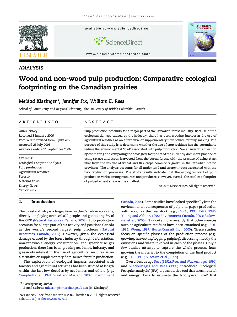 Wood and non-wood pulp production: Comparative ecological footprinting on the Canadian prairies