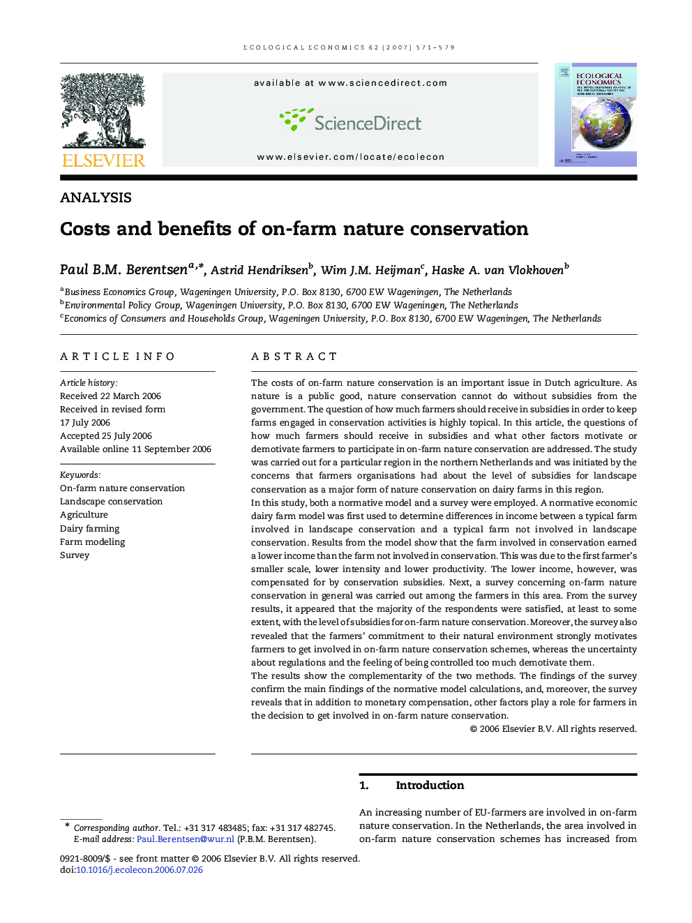 Costs and benefits of on-farm nature conservation