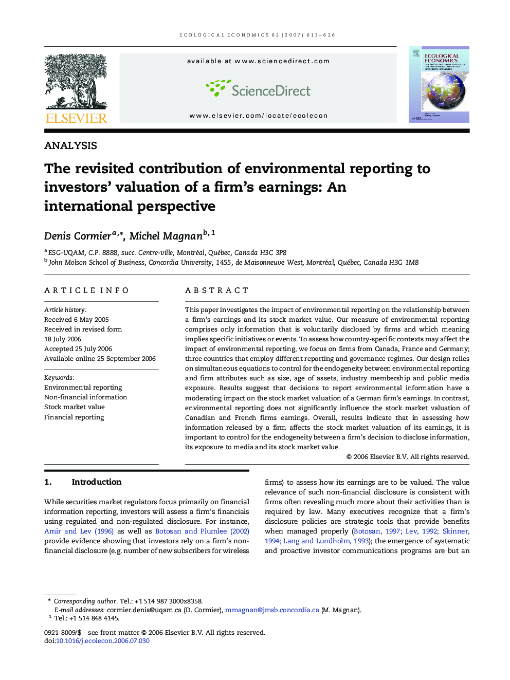 The revisited contribution of environmental reporting to investors' valuation of a firm's earnings: An international perspective