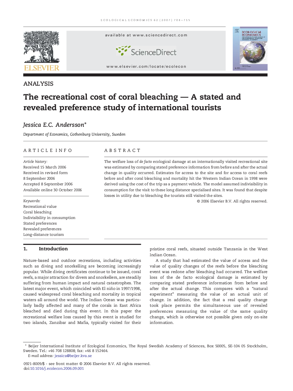 The recreational cost of coral bleaching - A stated and revealed preference study of international tourists