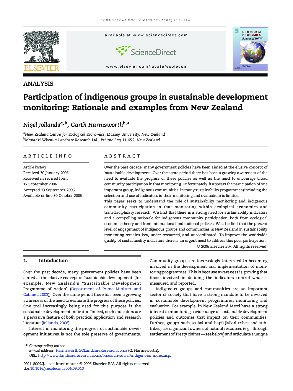 عکس صفحه اول مقاله: Participation of indigenous groups in sustainable development monitoring: Rationale and examples from New Zealand Participation of indigenous groups in sustainable development monitoring: Rationale and examples from New Zealand