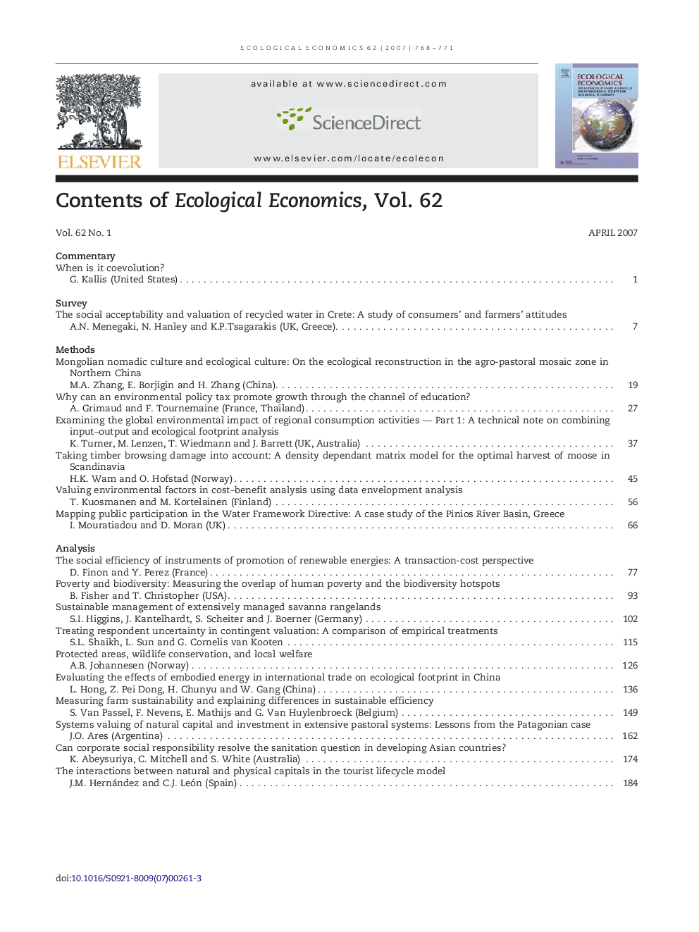 Contents of Ecological Economics, Vol. 62