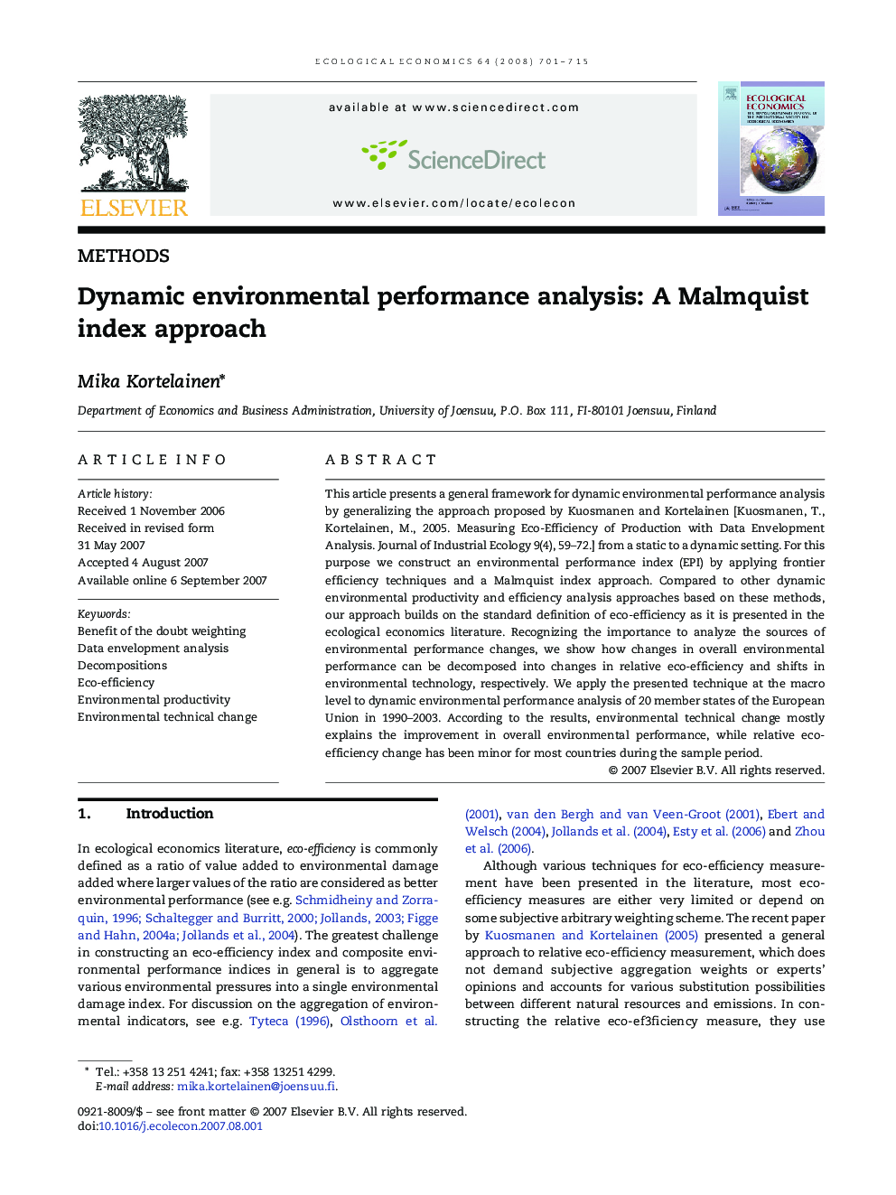 Dynamic environmental performance analysis: A Malmquist index approach