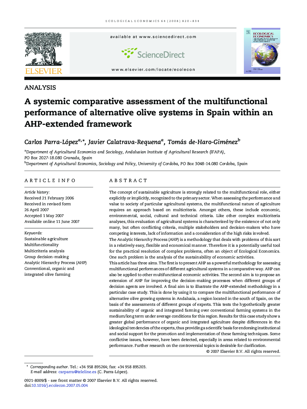 A systemic comparative assessment of the multifunctional performance of alternative olive systems in Spain within an AHP-extended framework