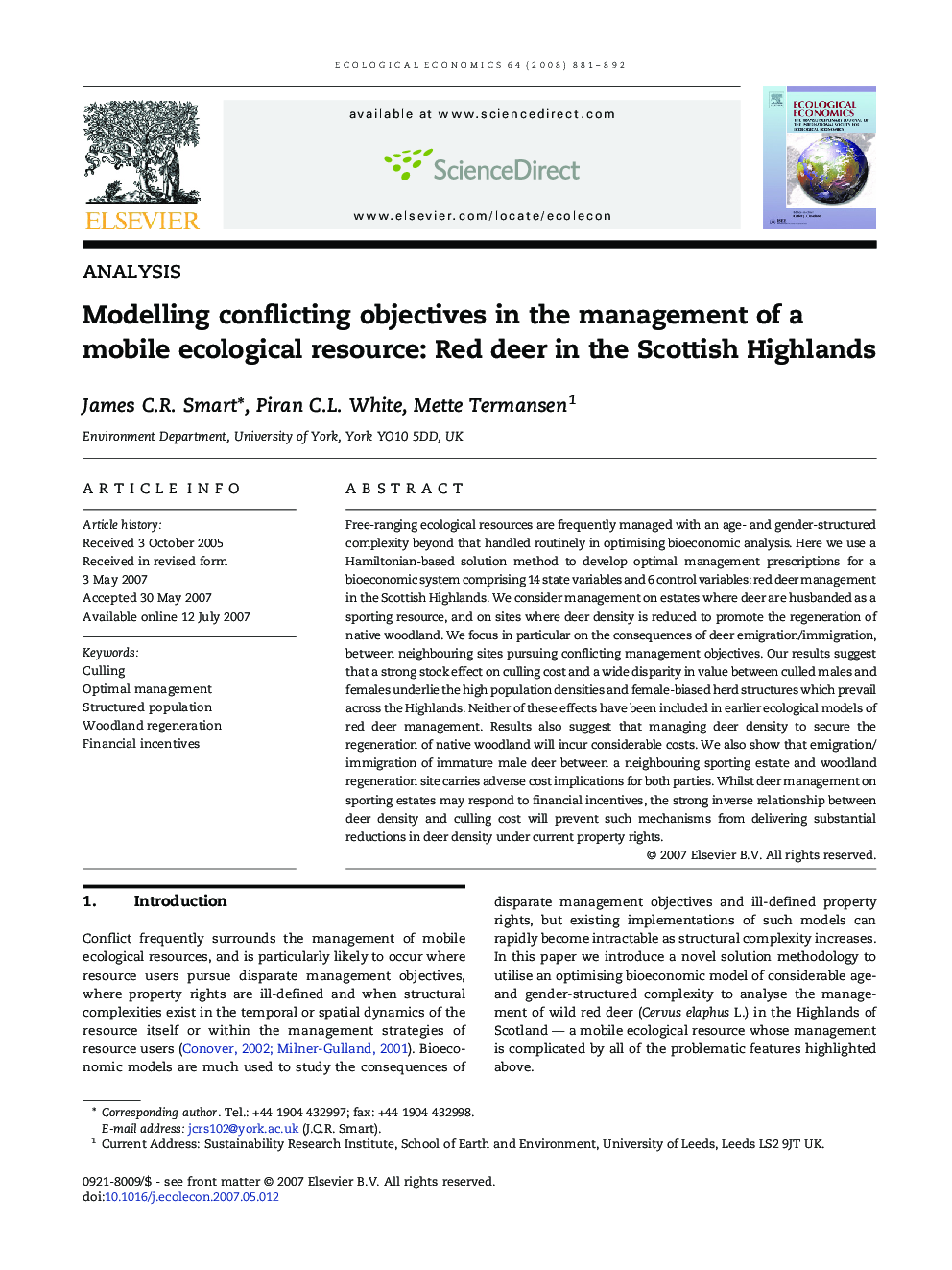 Modelling conflicting objectives in the management of a mobile ecological resource: Red deer in the Scottish Highlands