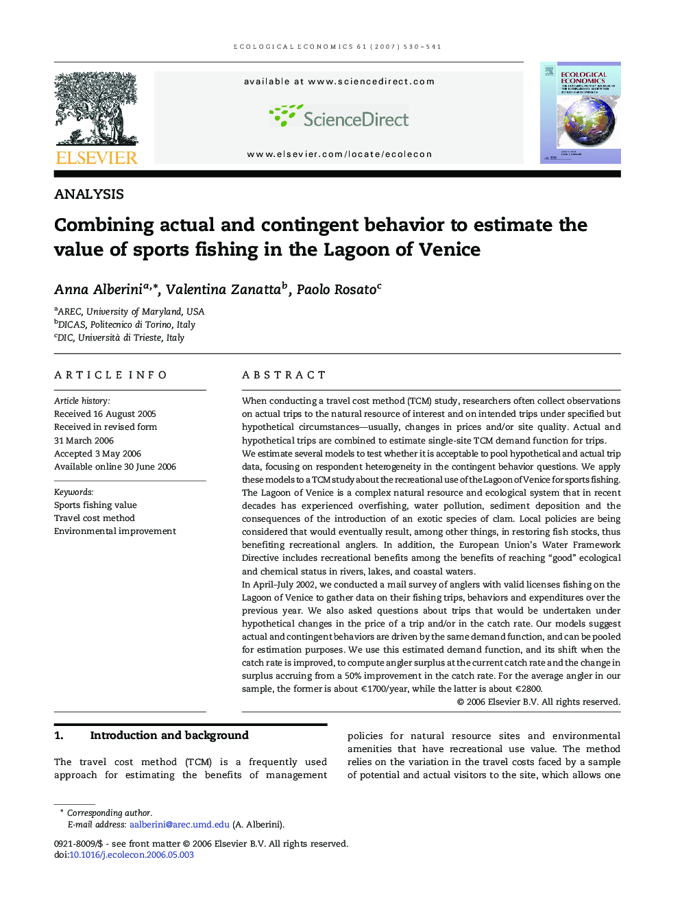 Combining actual and contingent behavior to estimate the value of sports fishing in the Lagoon of Venice