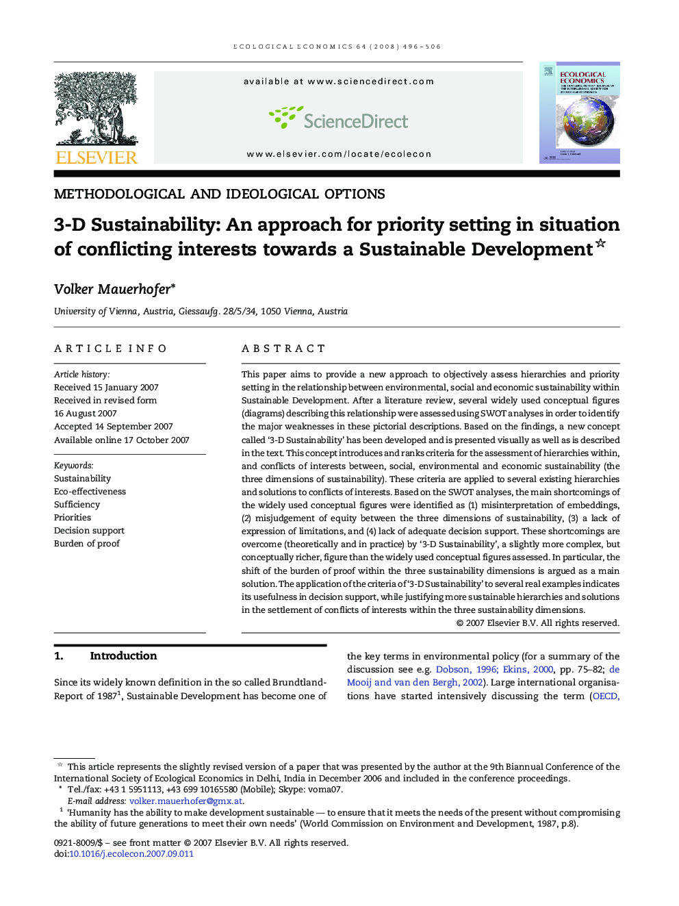 3-D Sustainability: An approach for priority setting in situation of conflicting interests towards a Sustainable Development