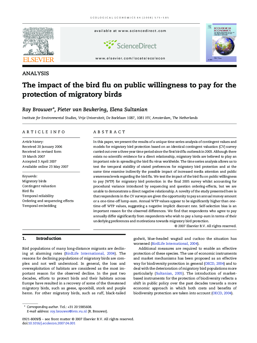 The impact of the bird flu on public willingness to pay for the protection of migratory birds