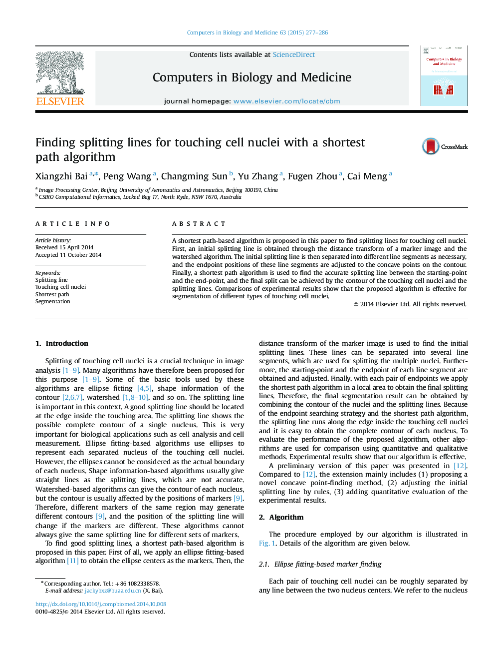 Finding splitting lines for touching cell nuclei with a shortest path algorithm