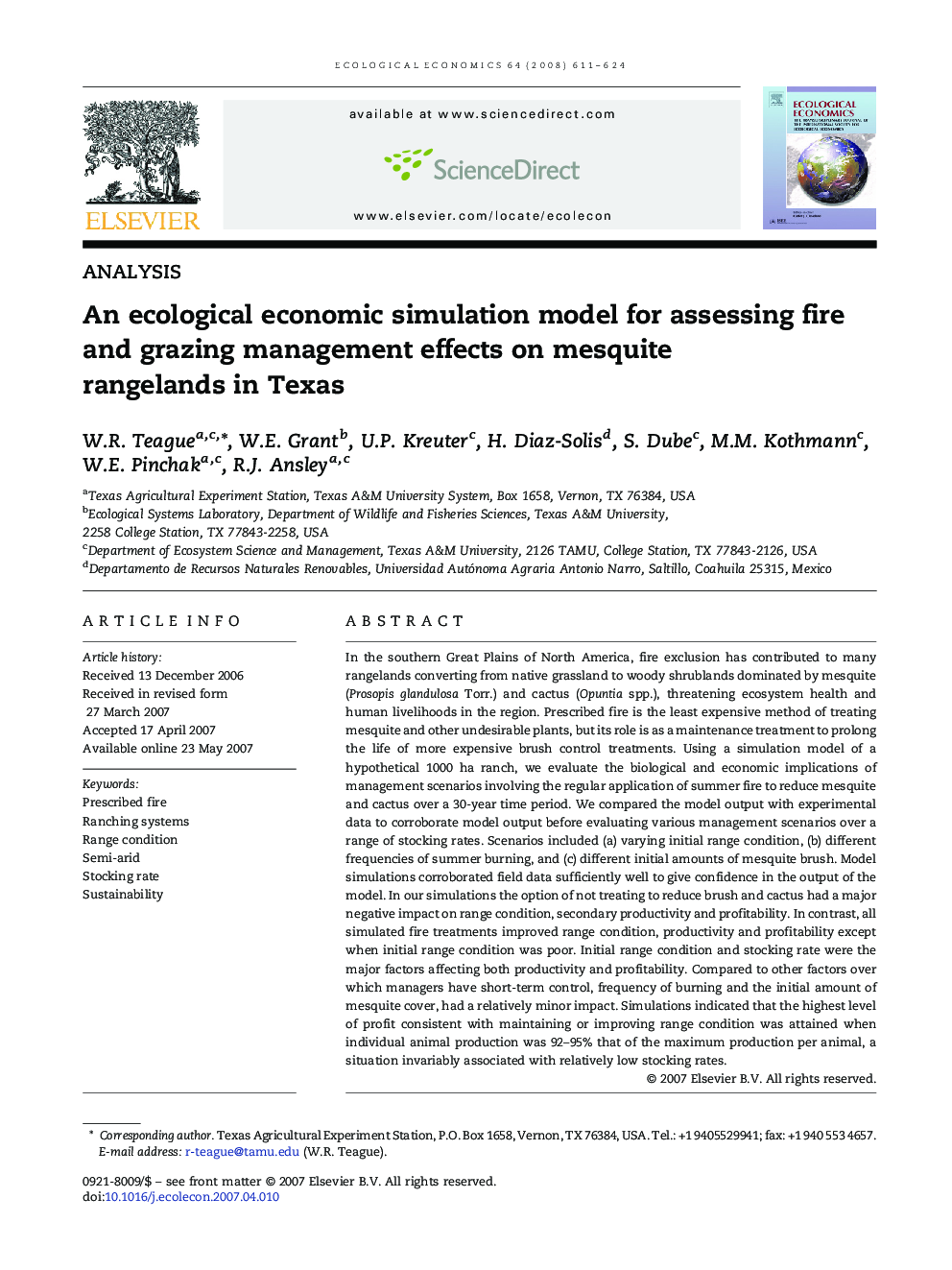 An ecological economic simulation model for assessing fire and grazing management effects on mesquite rangelands in Texas