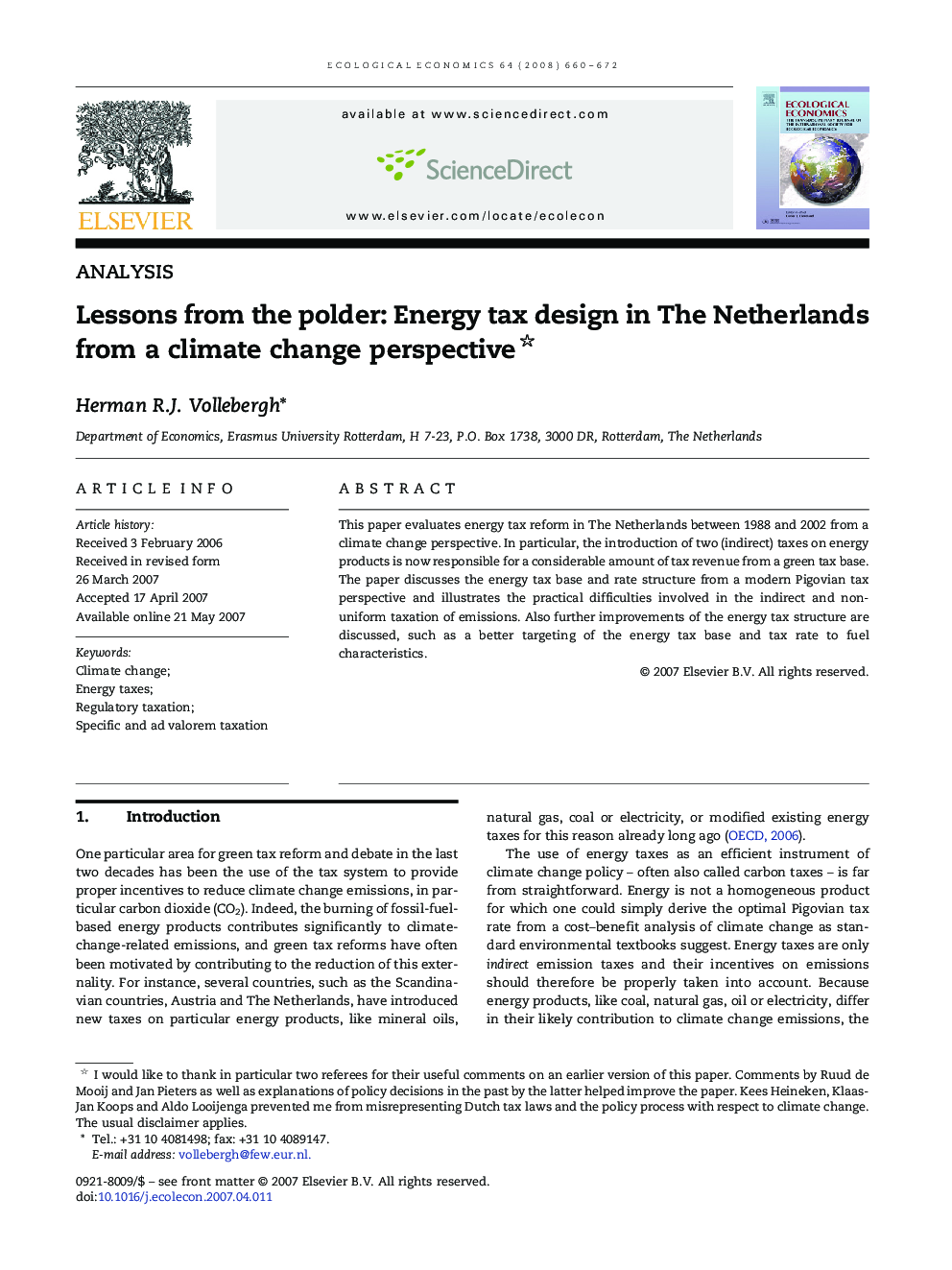 Lessons from the polder: Energy tax design in The Netherlands from a climate change perspective