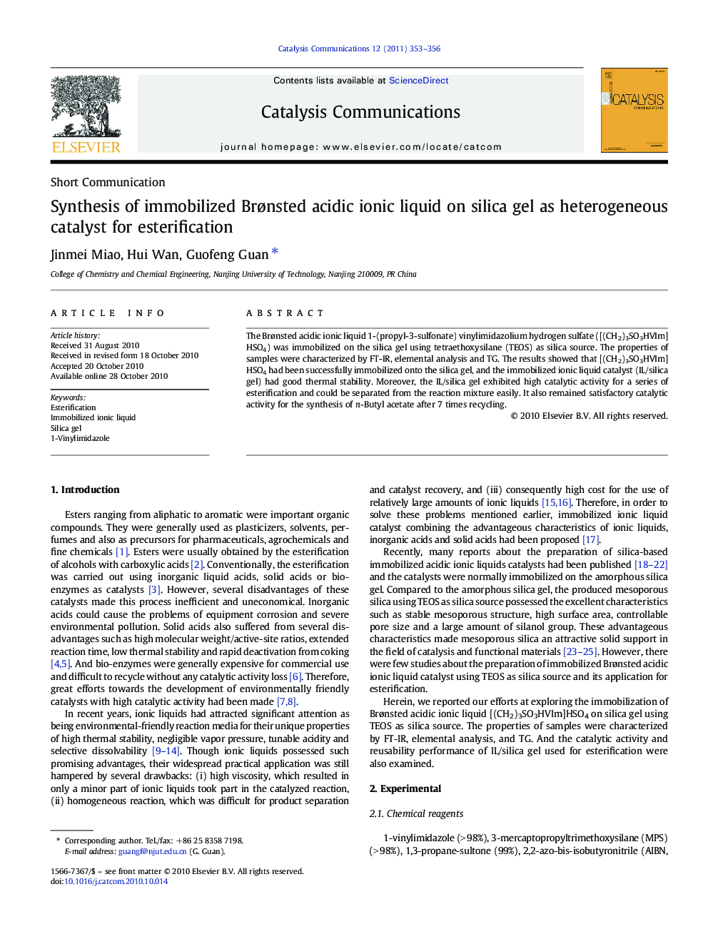 Synthesis of immobilized Brønsted acidic ionic liquid on silica gel as heterogeneous catalyst for esterification