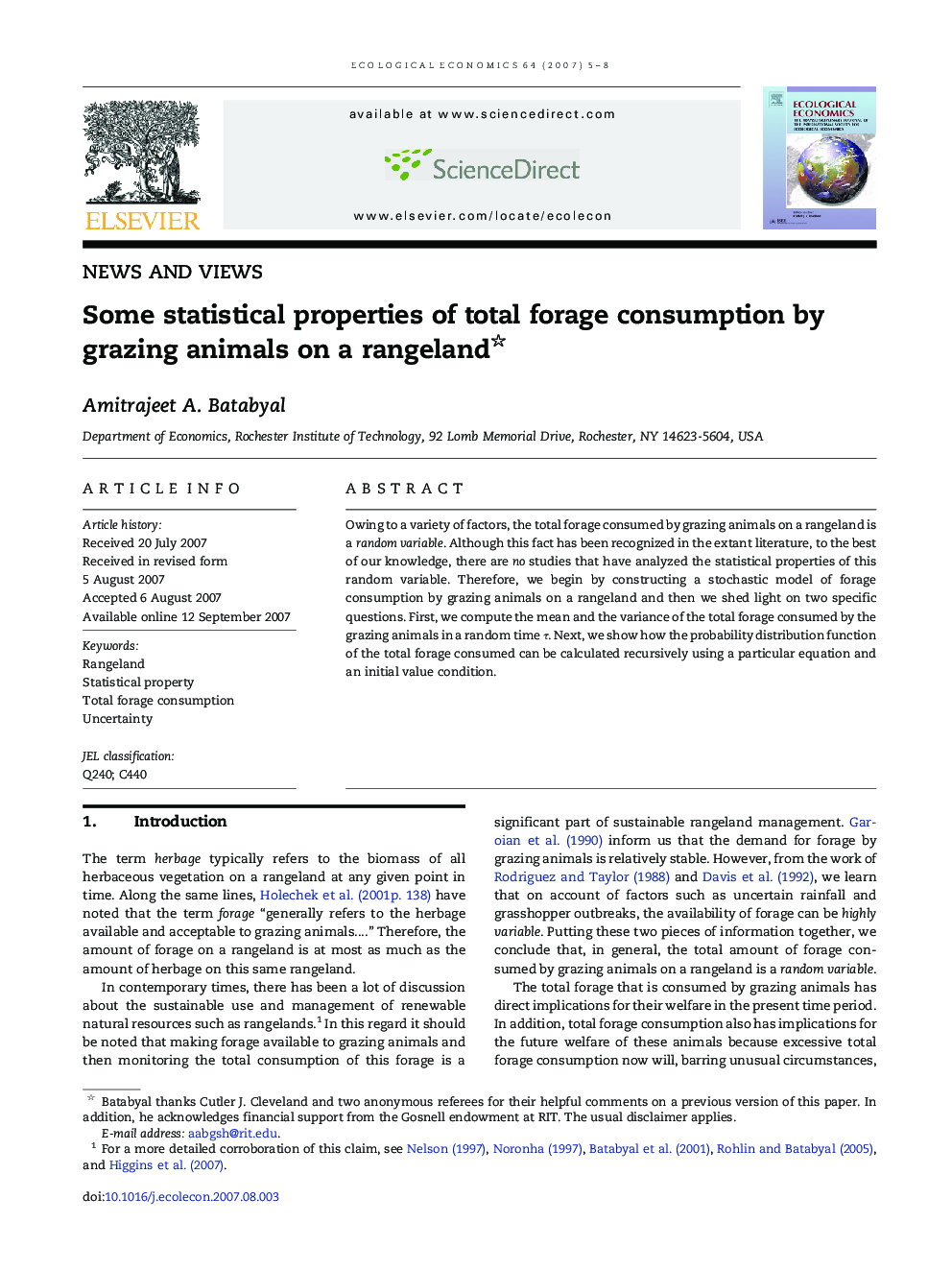 عکس صفحه اول مقاله: Some statistical properties of total forage consumption by grazing animals on a rangeland Some statistical properties of total forage consumption by grazing animals on a rangeland