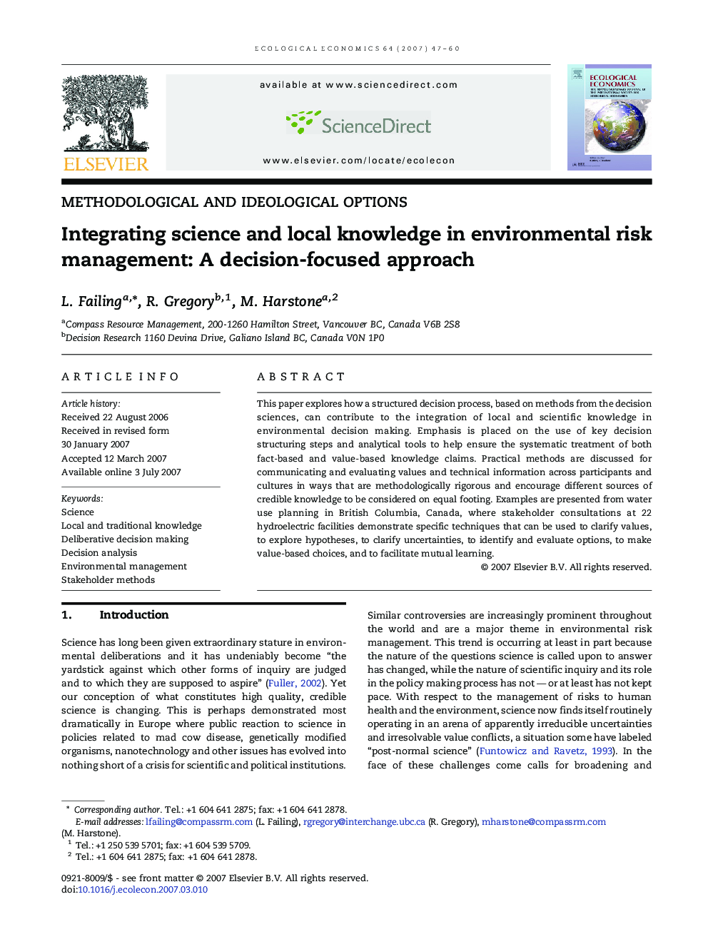 Integrating science and local knowledge in environmental risk management: A decision-focused approach