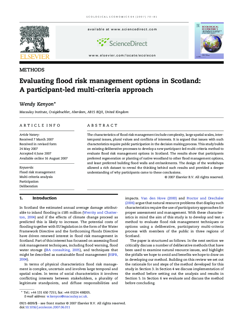 Evaluating flood risk management options in Scotland: A participant-led multi-criteria approach