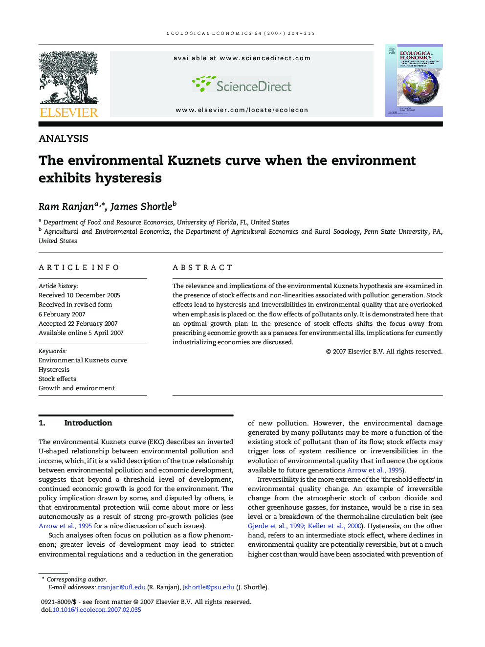 The environmental Kuznets curve when the environment exhibits hysteresis