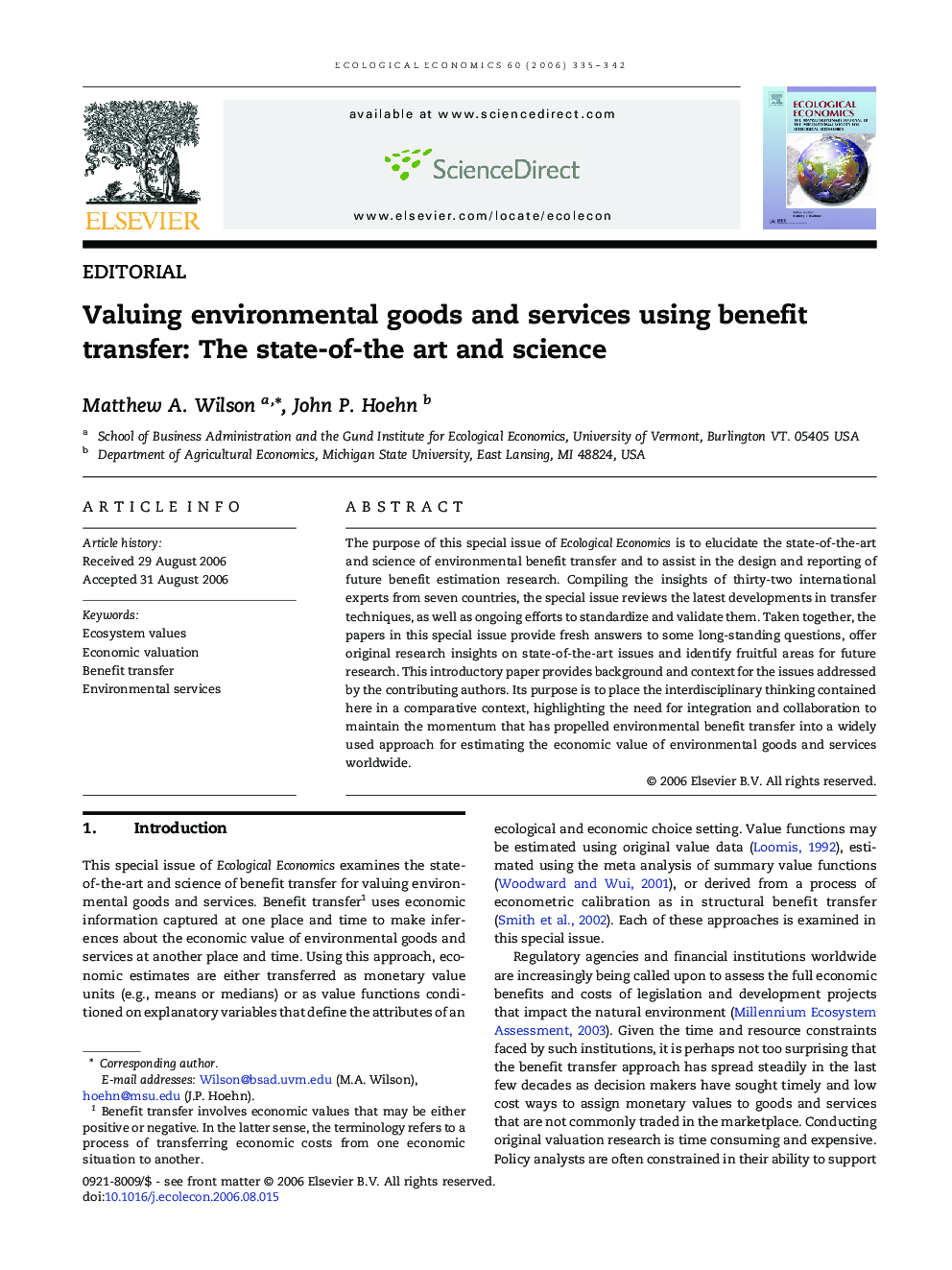 EDITORIALValuing environmental goods and services using benefit transfer: The state-of-the art and science
