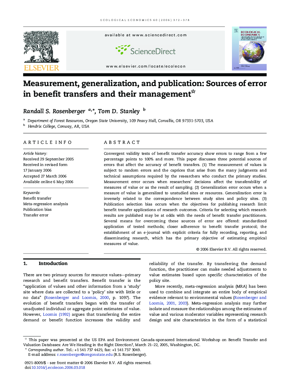 Measurement, generalization, and publication: Sources of error in benefit transfers and their management