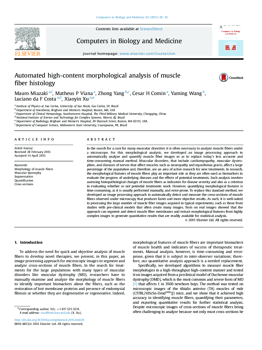 Automated high-content morphological analysis of muscle fiber histology