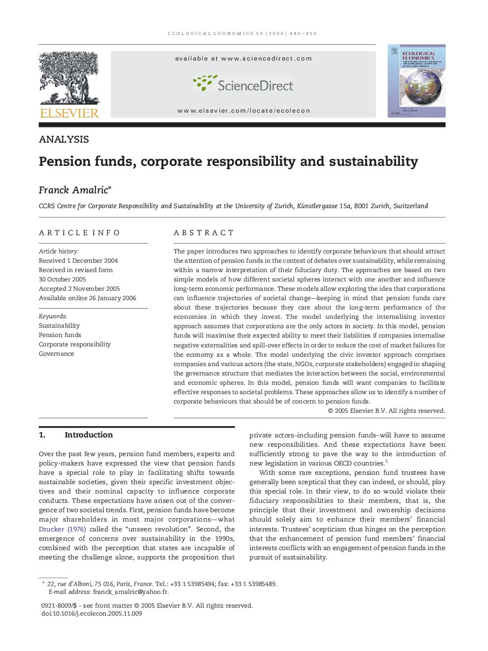 Pension funds, corporate responsibility and sustainability