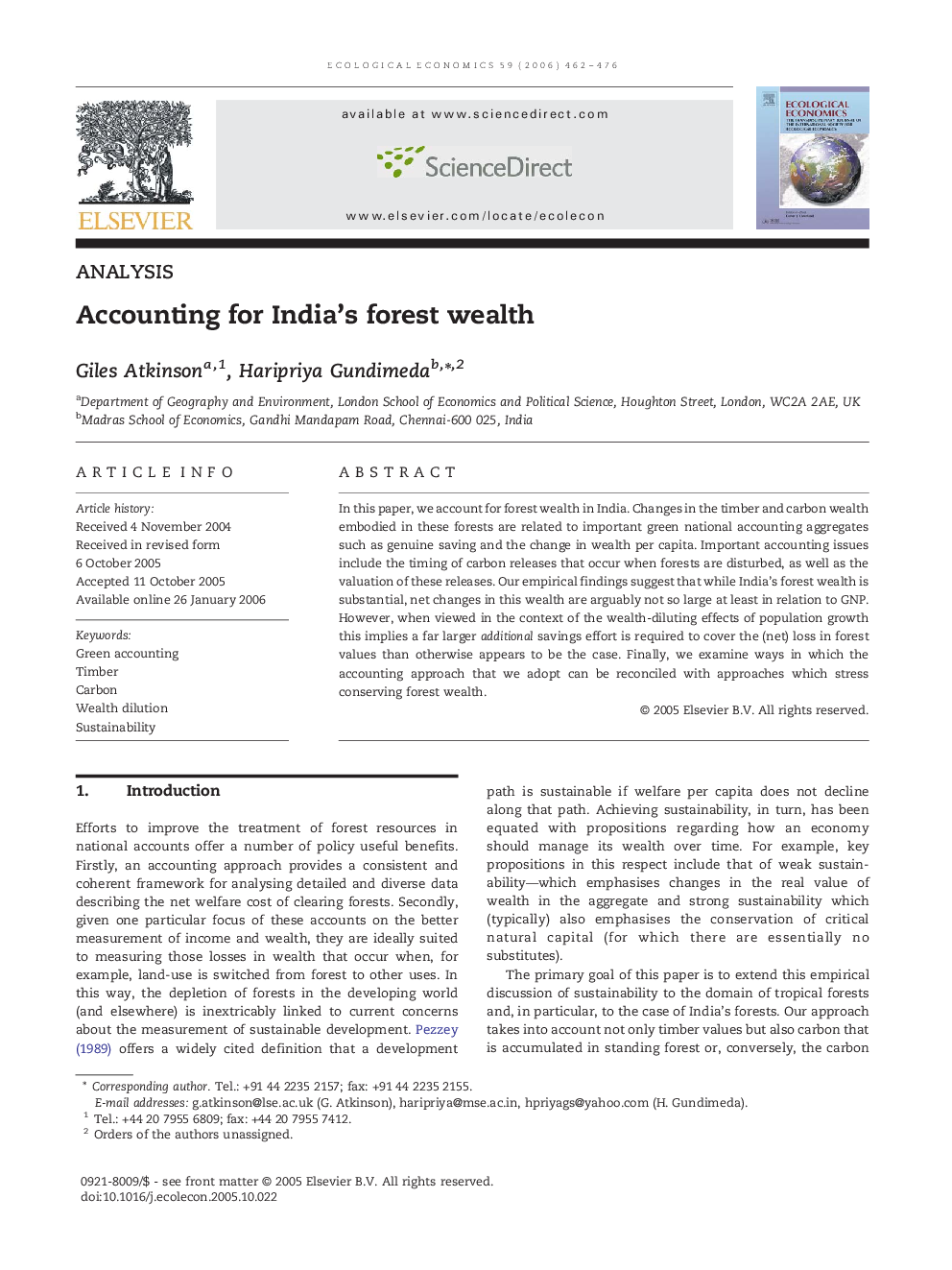 عکس صفحه اول مقاله: Accounting for India's forest wealth Accounting for India's forest wealth