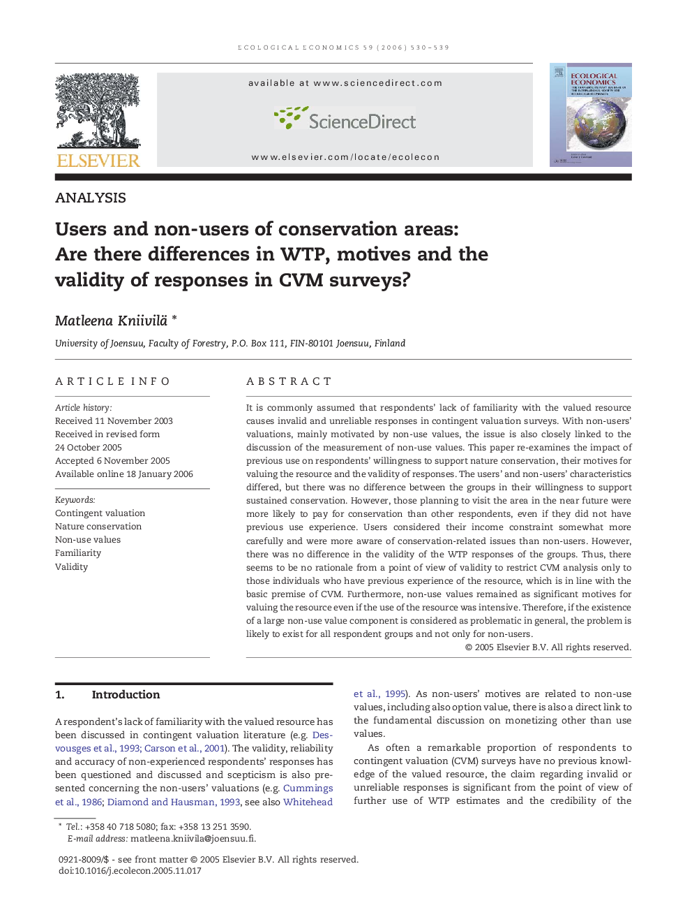 Users and non-users of conservation areas: Are there differences in WTP, motives and the validity of responses in CVM surveys?