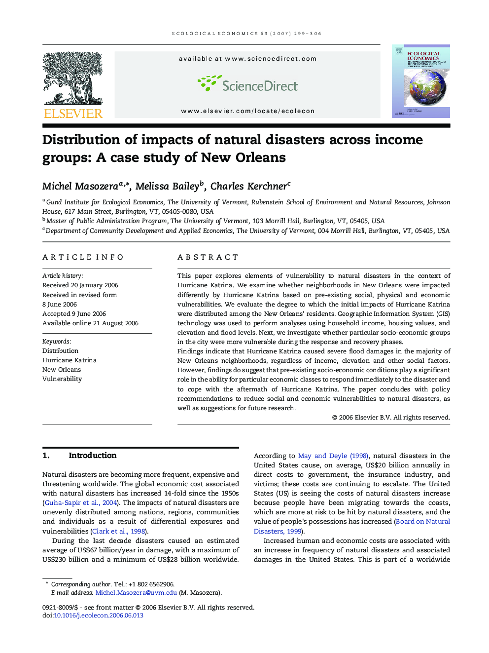 Distribution of impacts of natural disasters across income groups: A case study of New Orleans
