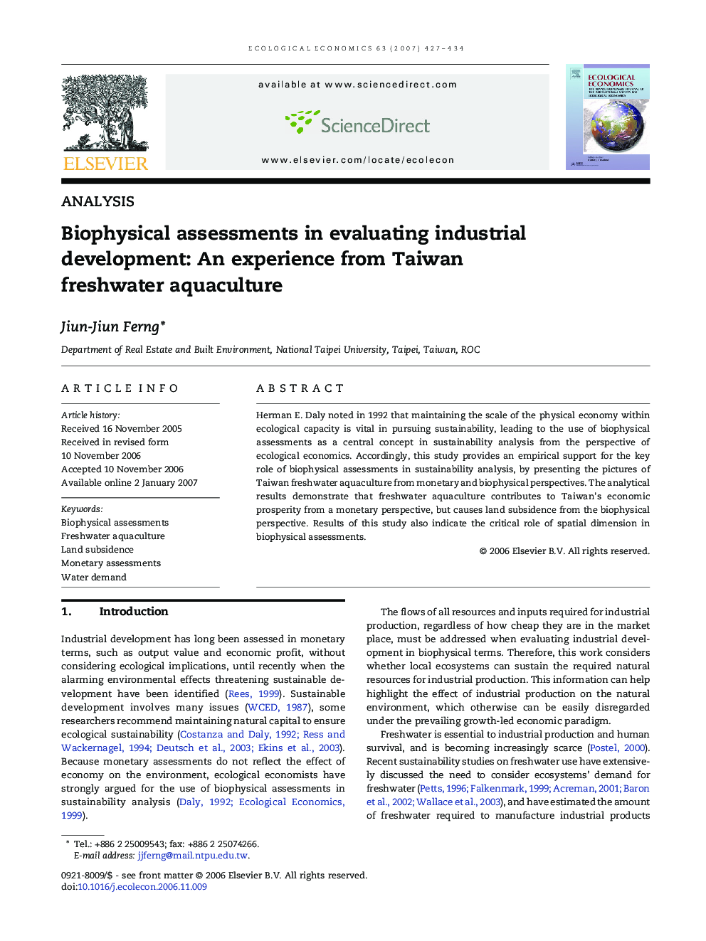 Biophysical assessments in evaluating industrial development: An experience from Taiwan freshwater aquaculture