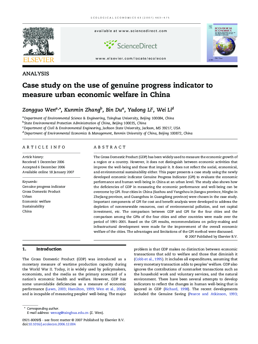 Case study on the use of genuine progress indicator to measure urban economic welfare in China