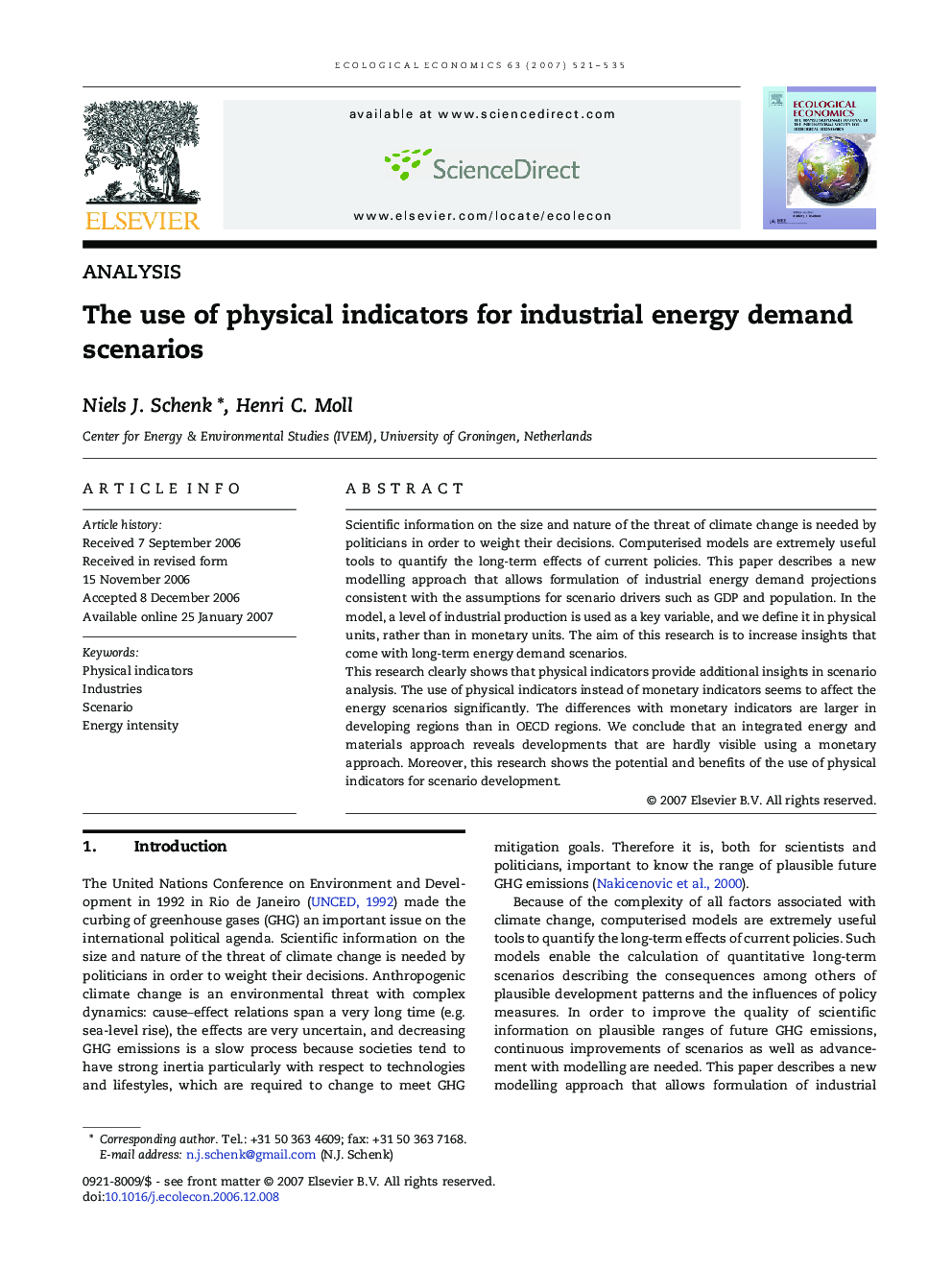 The use of physical indicators for industrial energy demand scenarios