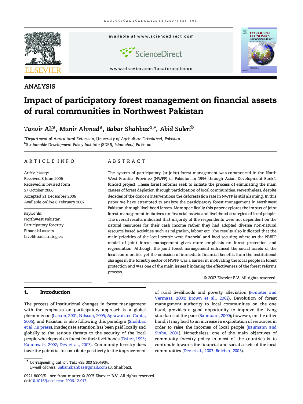 Impact of participatory forest management on financial assets of rural communities in Northwest Pakistan