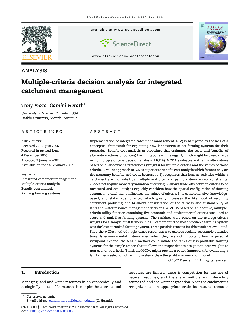 Multiple-criteria decision analysis for integrated catchment management