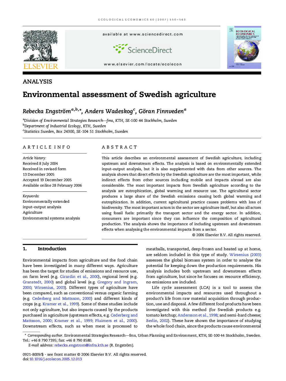 Environmental assessment of Swedish agriculture