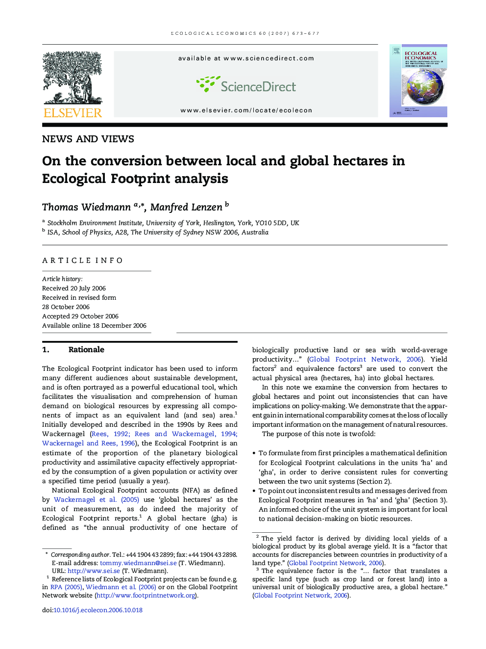 On the conversion between local and global hectares in Ecological Footprint analysis