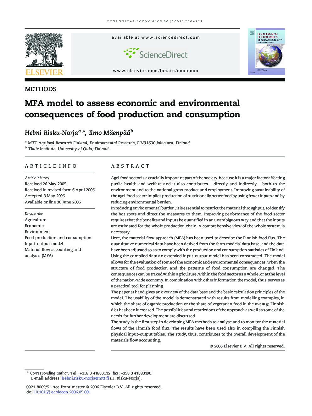 MFA model to assess economic and environmental consequences of food production and consumption