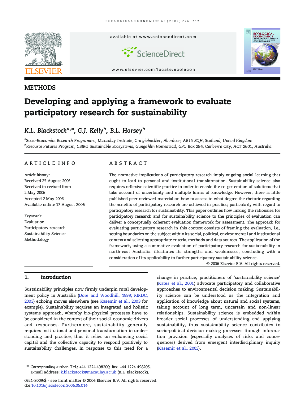 METHODSDeveloping and applying a framework to evaluate participatory research for sustainability