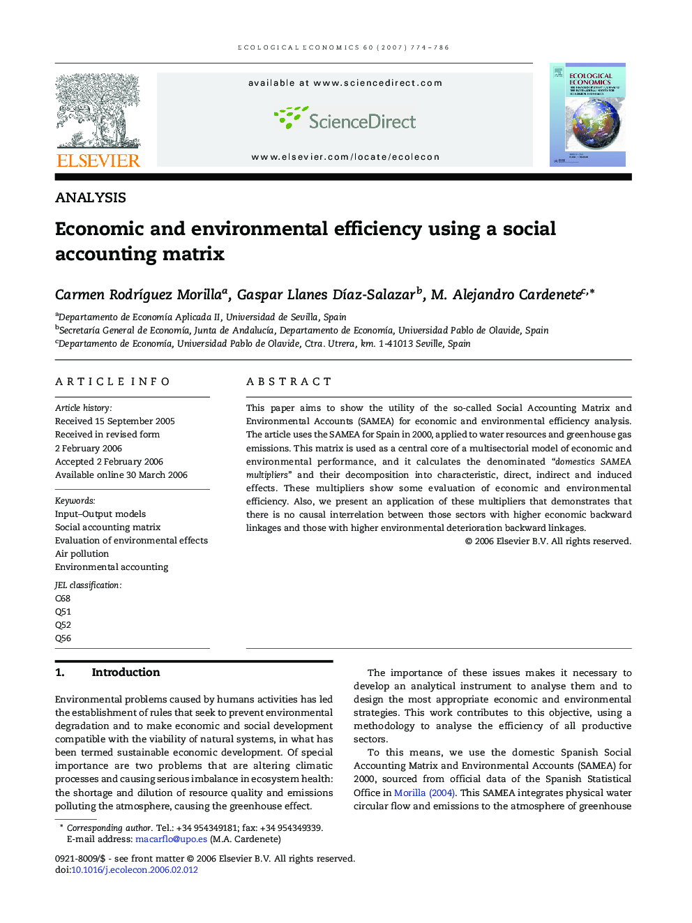 Economic and environmental efficiency using a social accounting matrix