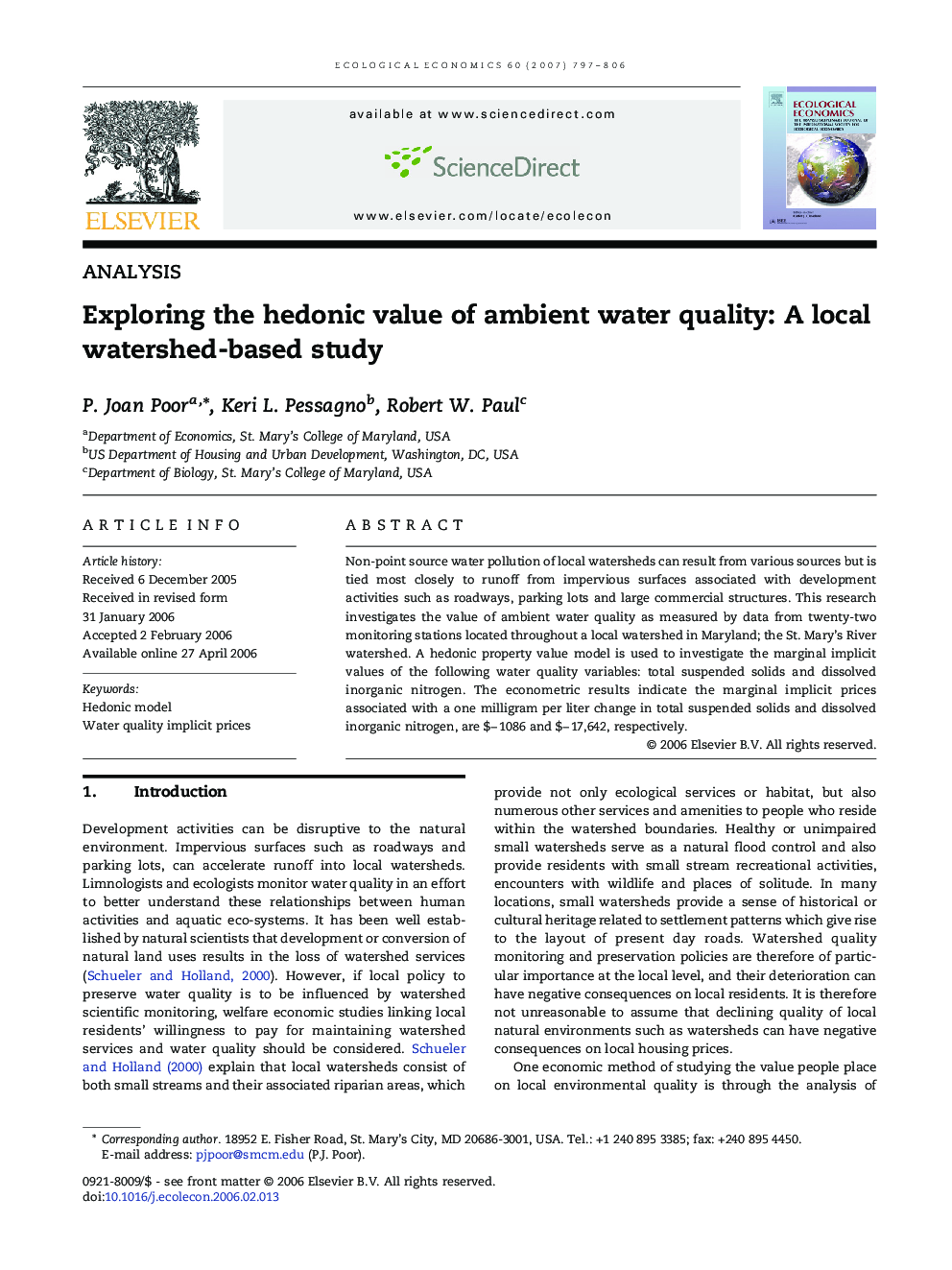 Exploring the hedonic value of ambient water quality: A local watershed-based study