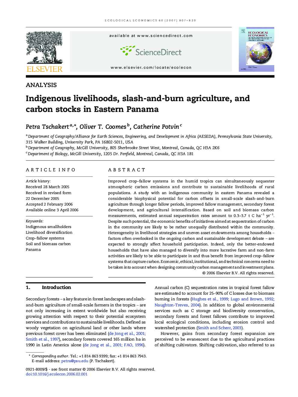 Indigenous livelihoods, slash-and-burn agriculture, and carbon stocks in Eastern Panama