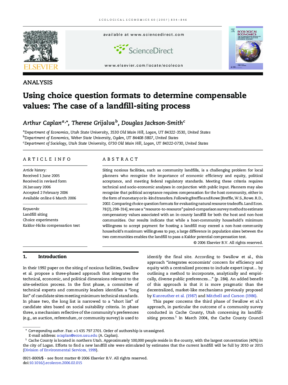 Using choice question formats to determine compensable values: The case of a landfill-siting process