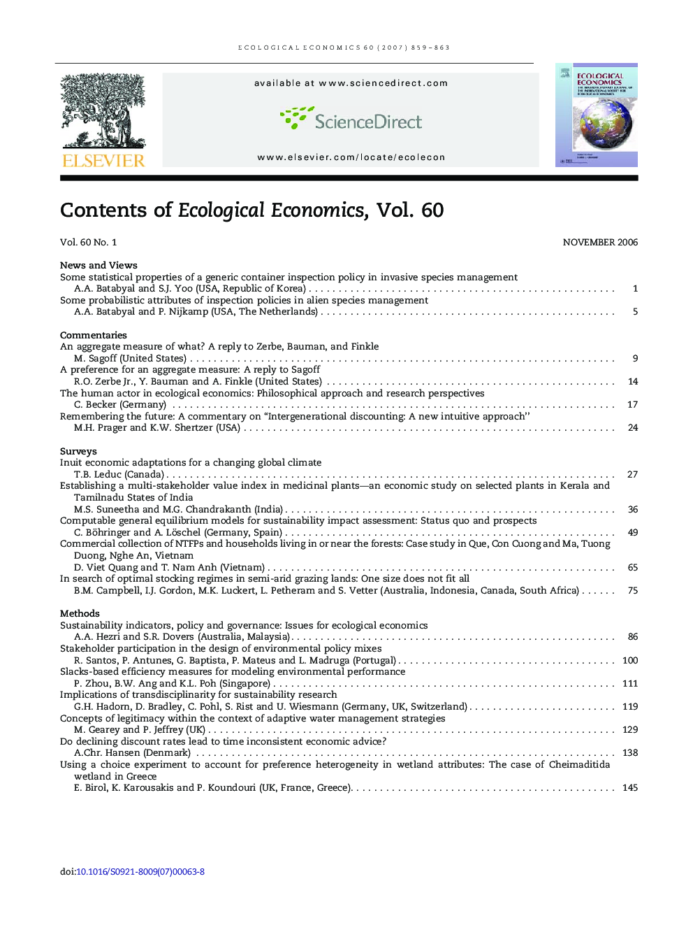 Contents of Ecological Economics, Vol. 60