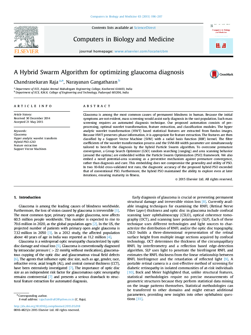 A Hybrid Swarm Algorithm for optimizing glaucoma diagnosis