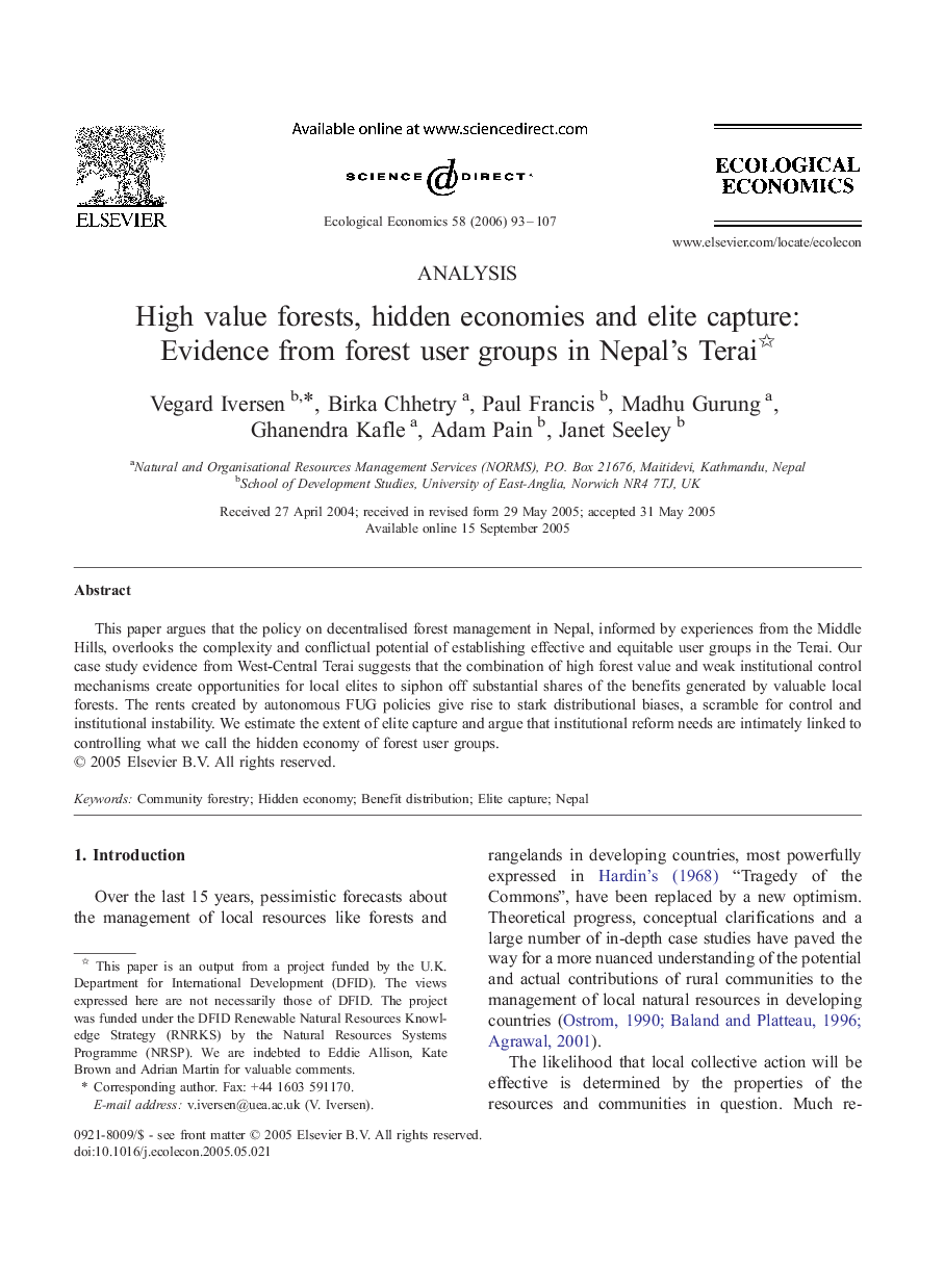 High value forests, hidden economies and elite capture: Evidence from forest user groups in Nepal's Terai