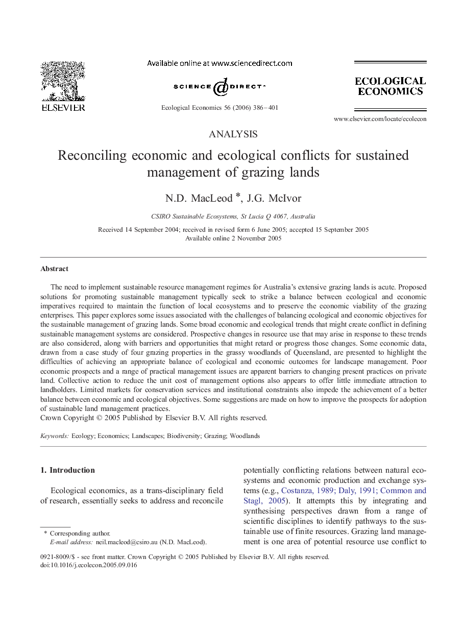 Reconciling economic and ecological conflicts for sustained management of grazing lands