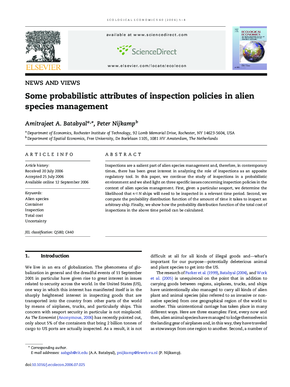 Some probabilistic attributes of inspection policies in alien species management