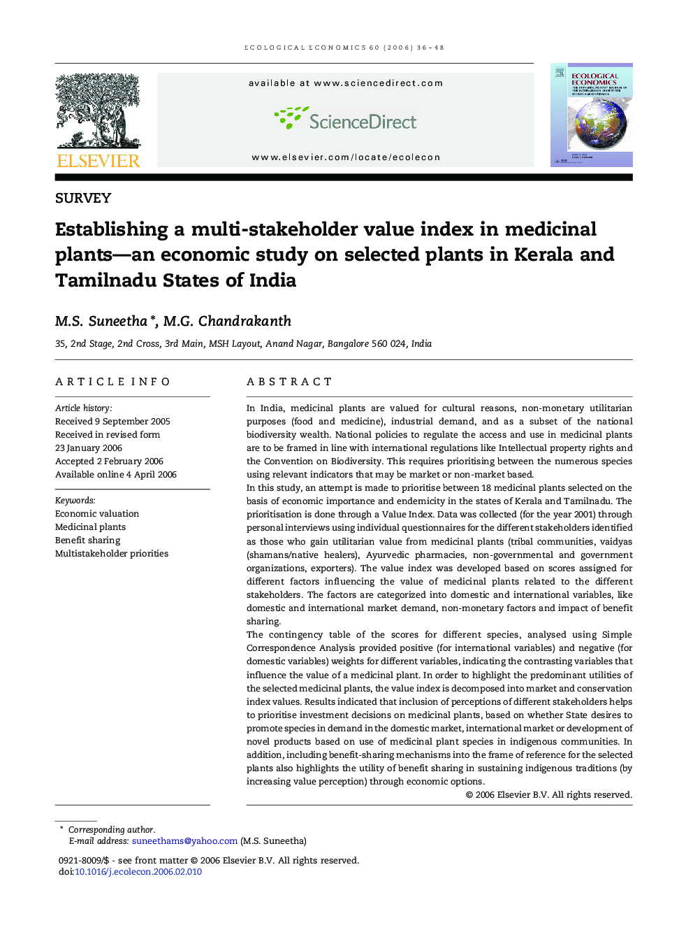 Establishing a multi-stakeholder value index in medicinal plants-an economic study on selected plants in Kerala and Tamilnadu States of India