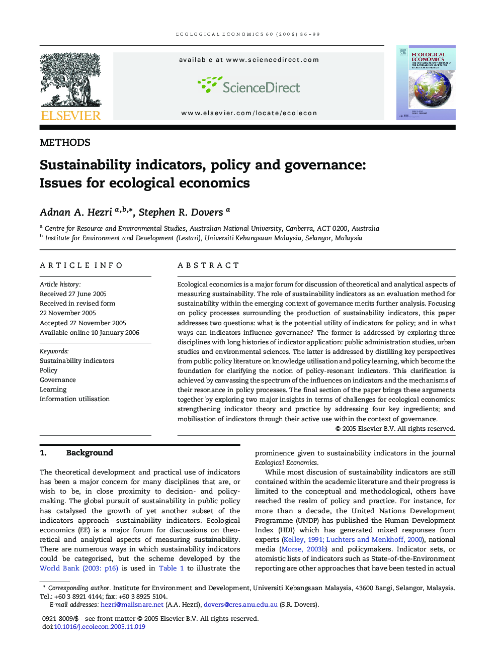 Sustainability indicators, policy and governance: Issues for ecological economics