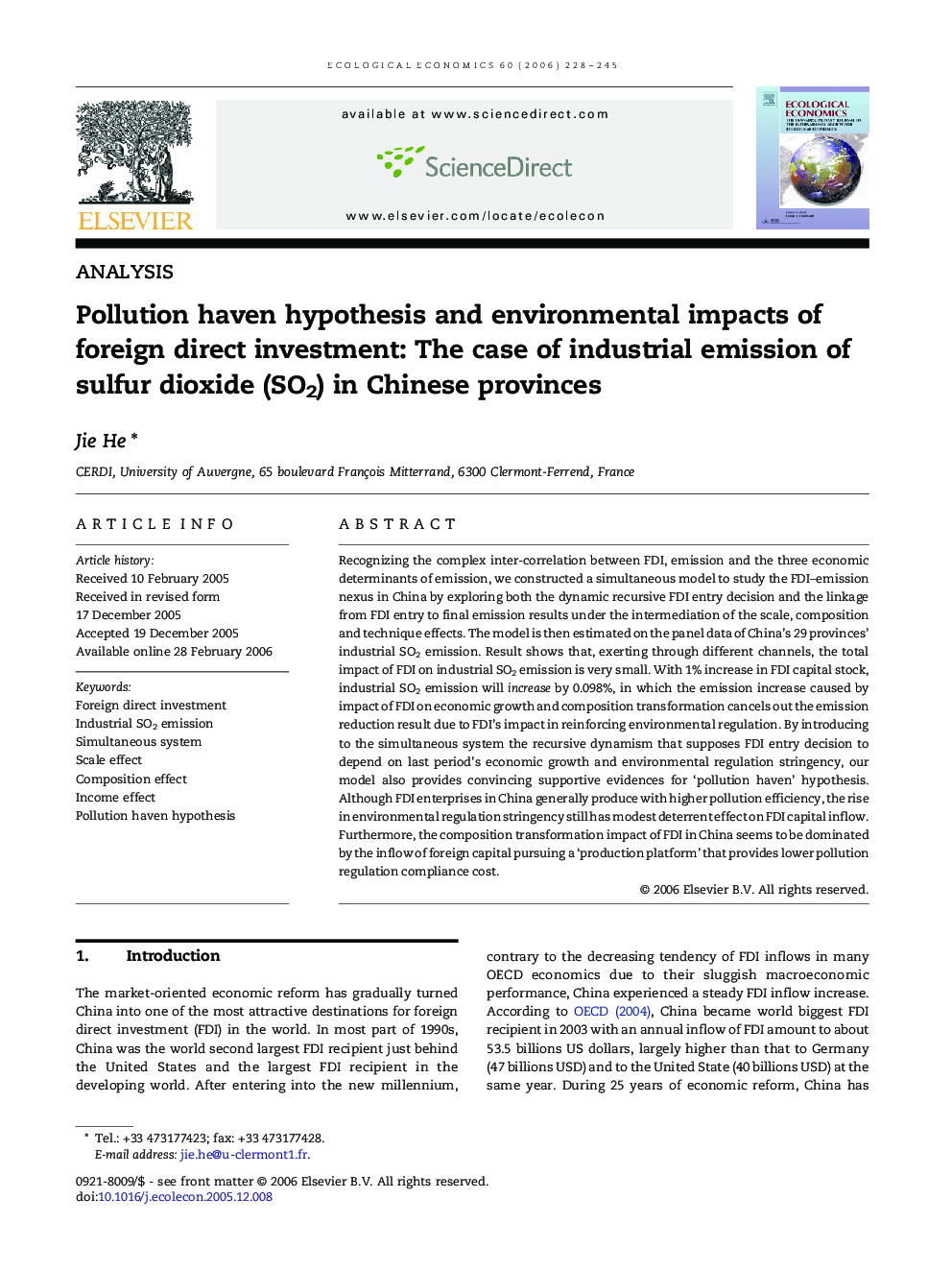 AnalysisPollution haven hypothesis and environmental impacts of foreign direct investment: The case of industrial emission of sulfur dioxide (SO2) in Chinese provinces