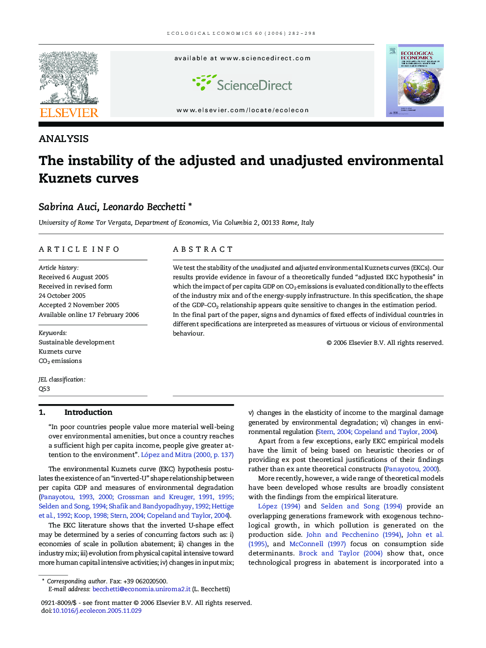 ANALYSISThe instability of the adjusted and unadjusted environmental Kuznets curves